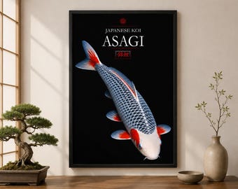Asagi Koi Japanese Art Print, Black White Fish Wall Decor (Digital Download)