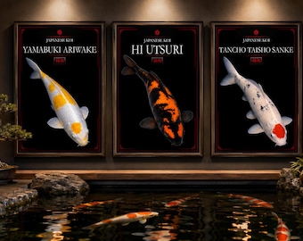 3 Japanese Koi Art Prints, Black and White Fish Poster (Digital Download)