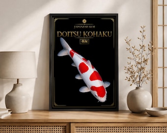 Doitsu Kohaku Koi Japanese Art Print, Black White Fish Poster (Digital Download)