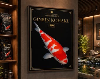 Japanese Ginrin Kohaku Koi Poster, Black and White Pond Art (Digital Download)