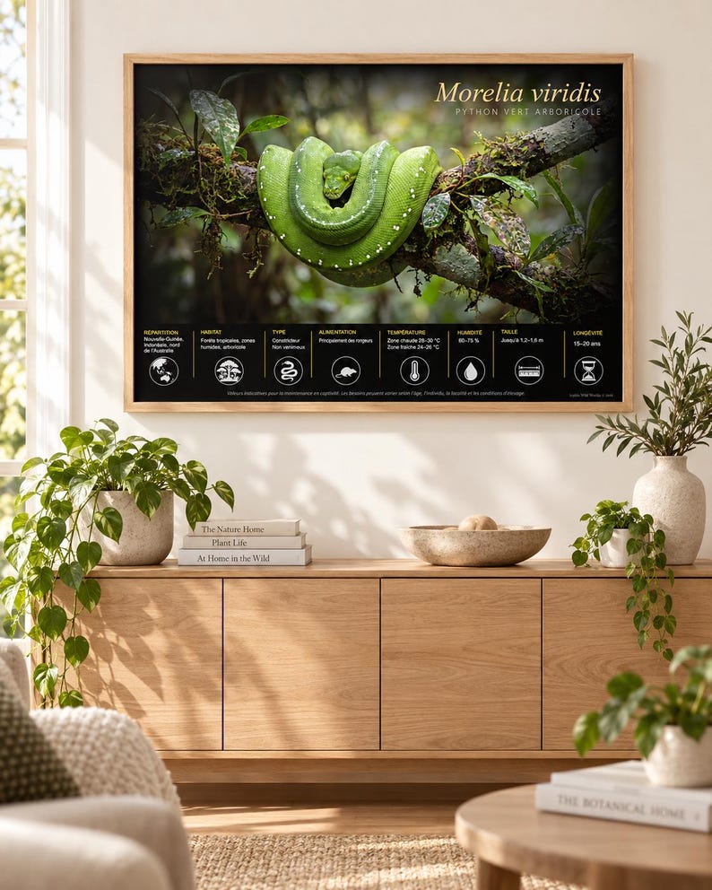 May include: A framed educational wall poster featuring a bright green Morelia viridis snake coiled on a branch. The poster includes scientific information, icons, and text detailing the habitat, diet, and care requirements for this reptile species.