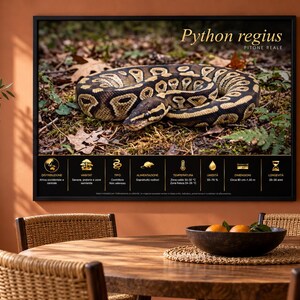 Może przedstawiać: Oprawiony plakat ścienny przedstawiający pytona kr&oacute;lewskiego (Python regius) zwiniętego na leśnym podłożu. G&oacute;rny napis brzmi Python regius. Poniżej węża znajduje się czarny panel ze złotymi ikonami i tekstem dotyczącym dystrybucji, siedliska, typu, diety, temperatury, wilgotności, wymiar&oacute;w od 90 cm do 1,40 m oraz długości życia.