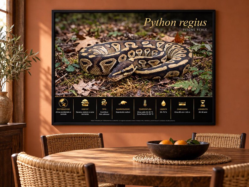 Może przedstawiać: Oprawiony plakat ścienny przedstawiający pytona kr&oacute;lewskiego (Python regius) zwiniętego na leśnym podłożu. G&oacute;rny napis brzmi Python regius. Poniżej węża znajduje się czarny panel ze złotymi ikonami i tekstem dotyczącym dystrybucji, siedliska, typu, diety, temperatury, wilgotności, wymiar&oacute;w od 90 cm do 1,40 m oraz długości życia.