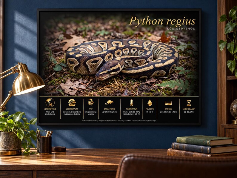 Może przedstawiać: Oprawiony plakat edukacyjny przedstawiający zwiniętego węża Python regius na leśnym podłożu. G&oacute;rny tekst brzmi Python regius i K&Ouml;NIGSPYTHON. Poniżej obrazu złote ikony i niemiecki tekst opisują siedlisko, dietę, temperaturę, wilgotność oraz rozmiar.