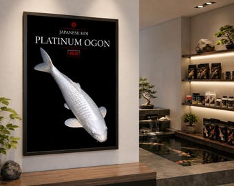 Platinum Ogon Koi Japanese Art Print, Black White Fish Poster (Digital Download)