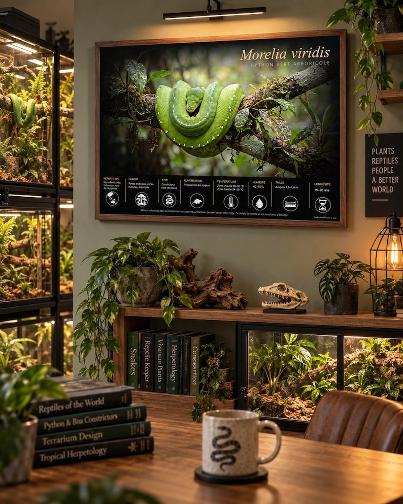 May include: A framed educational poster titled Morelia viridis featuring a bright green snake coiled on a branch, with detailed care icons and text below. The poster is displayed on a wall above a wooden shelf containing books, a skull, and plants.