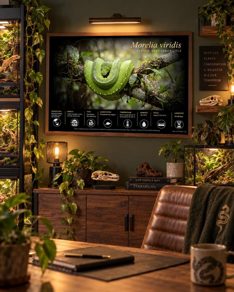 May include: A rectangular wall poster featuring a bright green Morelia viridis snake coiled on a tree branch. The poster includes the scientific name, French common name, and a series of icons with text detailing habitat, diet, and care requirements.