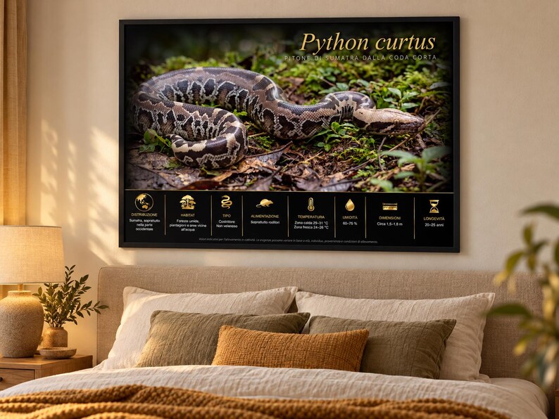 Puede incluir: Un cuadro decorativo enmarcado que muestra una serpiente Python curtus en el suelo del bosque. La parte superior muestra el nombre, mientras que el panel negro inferior contiene iconos y texto dorado sobre distribuci&oacute;n, h&aacute;bitat y cuidados.