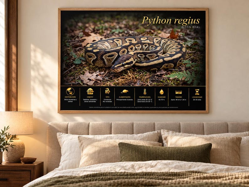Może przedstawiać: Oprawiony wydruk ścienny przedstawiający zwiniętego węża Python regius na leśnym podłożu. W prawym g&oacute;rnym rogu widnieje napis Python regius i Pit&oacute;n Real. Pod wężem znajduje się czarny panel ze złotymi ikonami i faktami na temat gatunku.