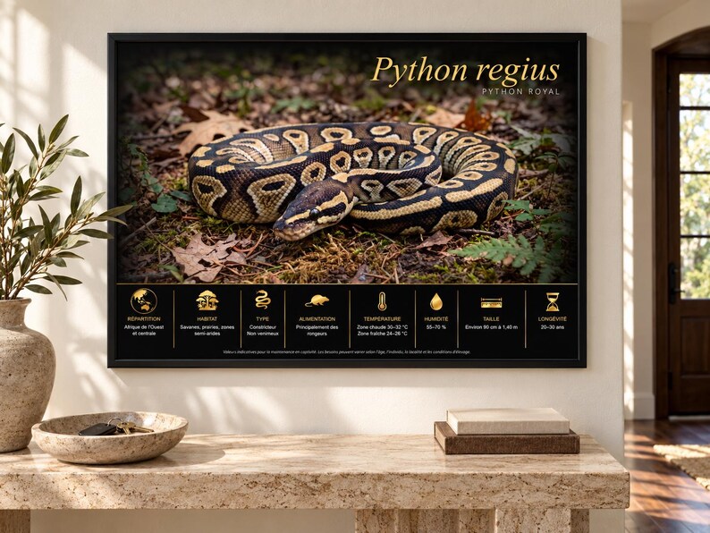 Może przedstawiać: Oprawiony wydruk ścienny przedstawiający fotografię zwiniętego węża Python regius na leśnym podłożu. Wydruk zawiera tekst Python regius, Python Royal oraz czarną tabelę informacyjną ze złotymi ikonami dotyczącymi siedliska i opieki.