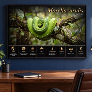 Op de afbeelding: Een ingelijste wandkunstprint met een felgroene Morelia viridis slang opgerold op een boomtak. De print bevat de tekst Morelia viridis, Green Tree Python en een zwart informatiepaneel met iconen en tekst over verspreidingsgebied, habitat, type, dieet, temperatuur, luchtvochtigheid, grootte tot 1,3-1,6 m en levensduur.