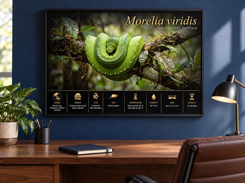 Op de afbeelding: Een ingelijste wandkunstprint met een felgroene Morelia viridis slang opgerold op een boomtak. De print bevat de tekst Morelia viridis, Green Tree Python en een zwart informatiepaneel met iconen en tekst over verspreidingsgebied, habitat, type, dieet, temperatuur, luchtvochtigheid, grootte tot 1,3-1,6 m en levensduur.