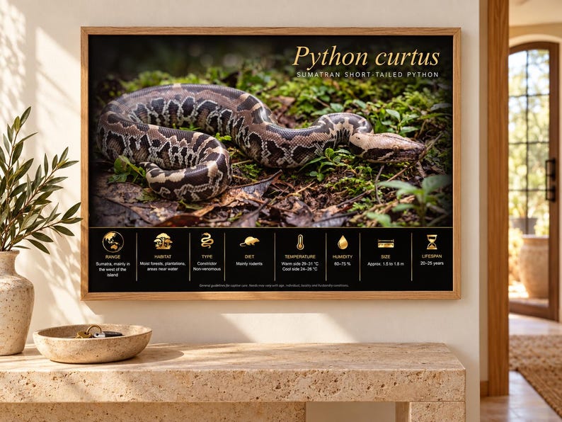 Puede incluir: Una l&aacute;mina educativa enmarcada que muestra una pit&oacute;n de cola corta de Sumatra, Python curtus, sobre el suelo del bosque. La impresi&oacute;n incluye texto e iconos dorados que detallan el h&aacute;bitat, la dieta, la temperatura y la esperanza de vida.