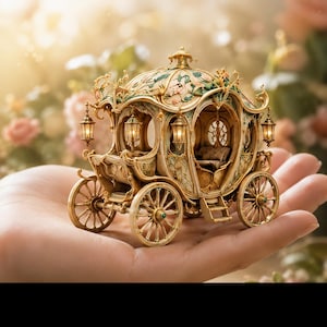 May include: A miniature ornate carriage featuring intricate cream and gold detailing, delicate floral accents, four spoked wheels, and small hanging lanterns on each corner. The structure includes a roof, side steps, and an open cabin interior.