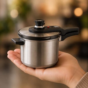 Pode incluir: Uma panela de pressão em miniatura de aço inoxidável com acabamento em metal escovado. A tampa possui uma alça preta, uma válvula reguladora de pressão central e um pequeno botão vermelho. A panela tem uma segunda alça preta pequena.