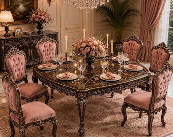 May include: A square dining table with a dark brown marble top and ornate carved wooden legs, surrounded by six chairs featuring pink tufted velvet upholstery and dark wood frames, set with white plates, napkins, and tall taper candles.