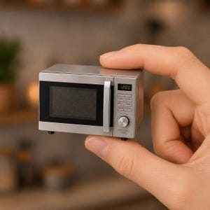 May include: A miniature silver microwave with a black door panel, a vertical handle, a digital display showing 12:00, a control panel with multiple buttons, and a circular dial. The appliance features a metallic finish and small black feet.