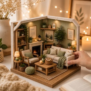 May include: A miniature living room model featuring a beige sofa with green pillows, a wooden armchair, a fireplace with a warm glow, a coffee table with a basket, and shelves decorated with small plants and framed wall art with text.