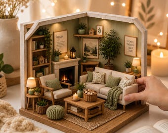 Puede incluir: Un modelo de sala de estar en miniatura que presenta un sofá beige con cojines verdes, un sillón de madera, una chimenea con un brillo cálido, una mesa de centro con una cesta y estantes decorados con plantas pequeñas y arte mural con texto.