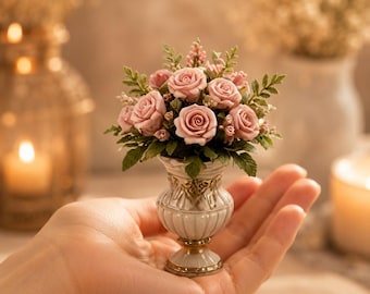Könnte beinhalten: Eine Miniaturvase aus Keramik mit geriffeltem Körper und goldfarbenen Verzierungen, gefüllt mit einem dichten Arrangement aus kleinen, altrosa künstlichen Rosen und grünem Blattwerk. Die Vase hat einen Standfuß und einen ausgestellten Rand.