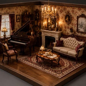 May include: A miniature dollhouse room box featuring a grand piano, a tufted cream sofa with red cushions, a wooden coffee table with tea service, a fireplace with a chandelier above, floral wallpaper, and a patterned rug on a wooden floor.