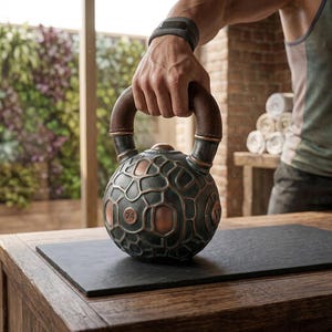 Pode incluir: Um kettlebell redondo com um padrão escuro e texturizado semelhante a uma colmeia, com detalhes em cor de cobre. A pega é revestida em couro castanho. O número 24 é claramente visível na parte frontal do kettlebell, indicando o seu peso.
