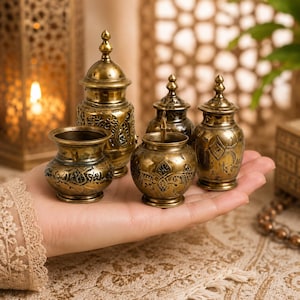 Moroccan Miniature Jar Set, Antique Metallic Oriental Decor, Dollhouse Accessories