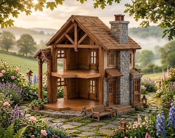 Puede incluir: Una casa de muñecas de madera con frente abierto, dos niveles, chimenea de piedra y techo de tejas. La estructura incluye un pequeño banco de madera en el porche, rodeada por un jardín con flores rosas, lupinos morados y un camino de piedra.