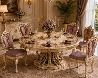 May include: A round dining table with an ornate cream-coloured base and a marble-patterned top, surrounded by four chairs featuring carved wooden frames and mauve upholstered seats and backrests, set with gold candlesticks and floral centerpieces.