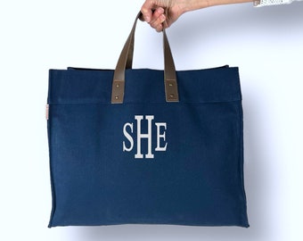 Personalized Leather and Canvas Tote Bag For Women, Open Tote Bag, Large Canvas Tote. Beach Bag, Travel Bag For Her, Mothers Day Gift For