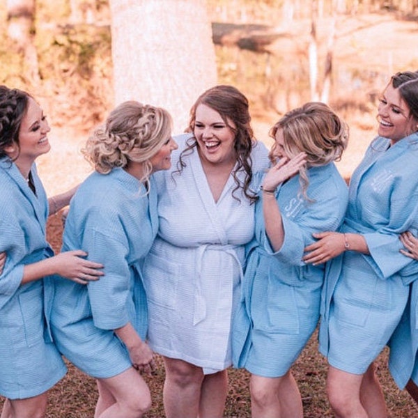 Wedding Robes For Bride and Bridesmaids, Light Blue Bridesmaids Robes, Bridal Party Getting Ready Outfits, Waffle Robe For Women, Spa Robe