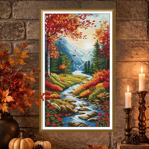 Autumn Mountain Cross Stitch Kit, River Valley Landscape for Adults by NOVA SLOBODA