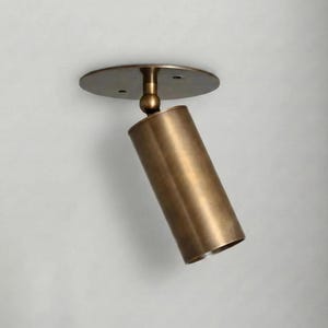 Puede incluir: Un foco cilíndrico con acabado en bronce cepillado. La lámpara cuenta con una placa de montaje circular para el techo conectada al cuerpo principal mediante una rótula, lo que permite ajustar la posición del cabezal de la luz.