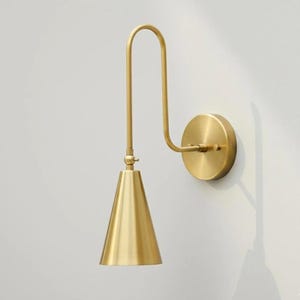 Raw Brass Mid Century Modern Wall Sconce: Minimalist Conical Shade Light