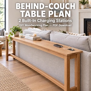 May include: A long, narrow light-brown wooden console table positioned behind a gray sofa. The table features two built-in black charging stations with USB ports. Text on the image reads: BEHIND-COUCH TABLE PLAN 2 Built-In Charging Stations.