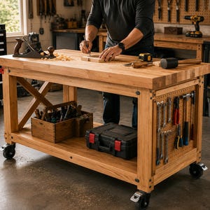 May include: A rectangular wooden workbench on four black caster wheels featuring a thick butcher block top, a lower storage shelf, and a side pegboard panel holding various metal hand tools. A wooden tool crate and a black plastic case sit below.