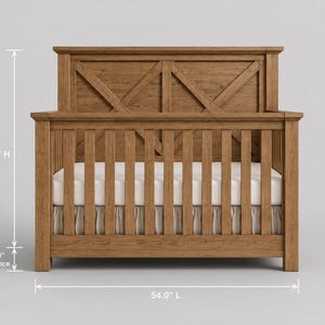 May include: A wooden crib with a brown finish, featuring a headboard with an X-shaped brace design and vertical slats. The crib has a height of 43.5 inches, a length of 54.0 inches, and a 5.0-inch clearance from the floor to the base.