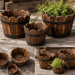 Könnte beinhalten: Ein Set aus drei runden Pflanzgefäßen aus Holz mit dunkelbraunem, geflammtem Finish und gewelltem oberen Rand. Jedes Gefäß ist mit zwei horizontalen, schwarzen Metallbändern versehen, die mit Nieten befestigt sind.