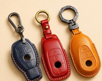 Leather Key Fob Cover Compatible with Mercedes-Benz, 3-Button Styles, Optional Name, Gift Box