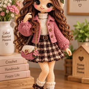 Può includere: Una bambola all'uncinetto con lunghi capelli castani, un basco beige con un fiore rosa, un dolcevita bianco, un cardigan rosa abbottonato e una gonna a quadri marrone. La bambola indossa una piccola borsa rosa e bianca e stivali marroni con fibbie a cuore.