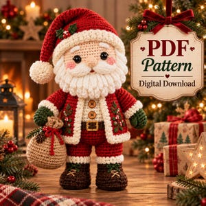 May include: A crocheted Santa Claus doll wearing a red hat with a white pom-pom, a red coat with white trim, brown boots, and green mittens, holding a tan sack. A sign reads PDF Pattern Digital Download with decorative red berries and leaves.