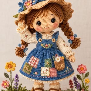 May include: A crocheted doll with brown braided hair wearing a straw-colored hat with blue and pink flowers, a cream-colored long-sleeve shirt, and a blue pinafore dress featuring patchwork squares, a small pocket with flowers, and brown shoes.