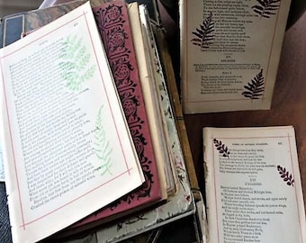 Vintage Book Pages stamped with Fall Leaves, Junk Journal Ephemera Lot, Fall Kit