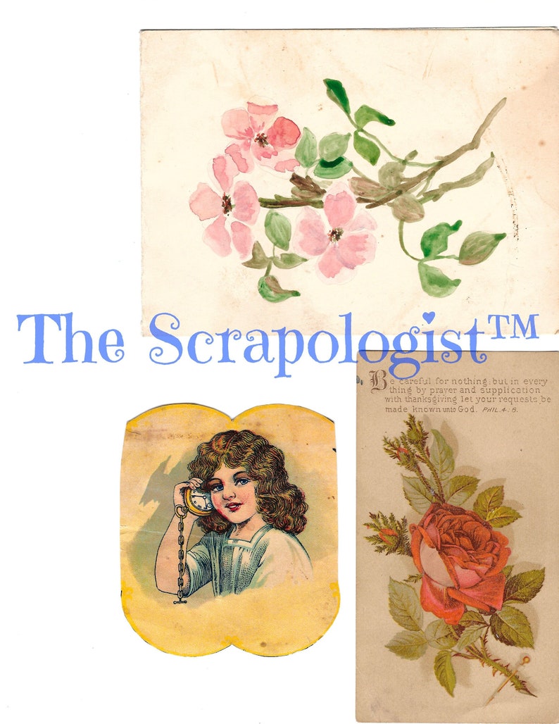 K&ouml;nnte beinhalten: Drei Vintage-Postkarten mit Blumenillustrationen. Die erste Postkarte zeigt eine Aquarellmalerei von rosa Blumen mit gr&uuml;nen Bl&auml;ttern. Die zweite Postkarte zeigt ein M&auml;dchen, das eine Taschenuhr h&auml;lt. Die dritte Postkarte zeigt eine rote Rose mit gr&uuml;nen Bl&auml;ttern und Dornen. Der Text auf der dritten Postkarte lautet: "Sorgt euch um nichts, sondern lasst in allen Dingen eure Bitten in Gebet und Flehen mit Danksagung vor Gott kundwerden. Phil. 4, 6."
