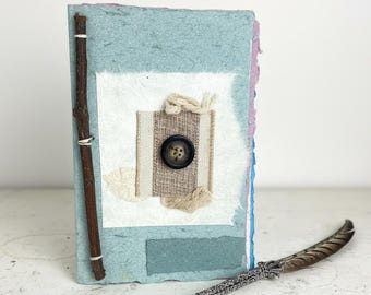 Art Journal with Handmade Paper Cover, Variety of Mixed Media Pages, Hand Sewn Binding