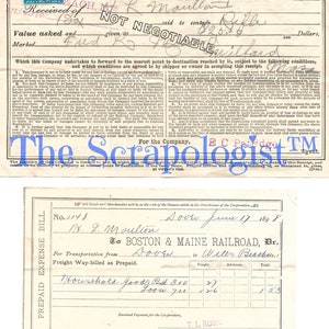 K&ouml;nnte beinhalten: Ein alter Beleg der American Express Company aus dem Jahr 1898 f&uuml;r Haushaltswaren, die von Dover, New Hampshire, nach Boston, Massachusetts, mit der Boston & Maine Railroad verschickt wurden. Der Beleg ist datiert auf den 17. Juni 1898 und listet die Gesamtkosten der Sendung mit 1,53 $ auf.