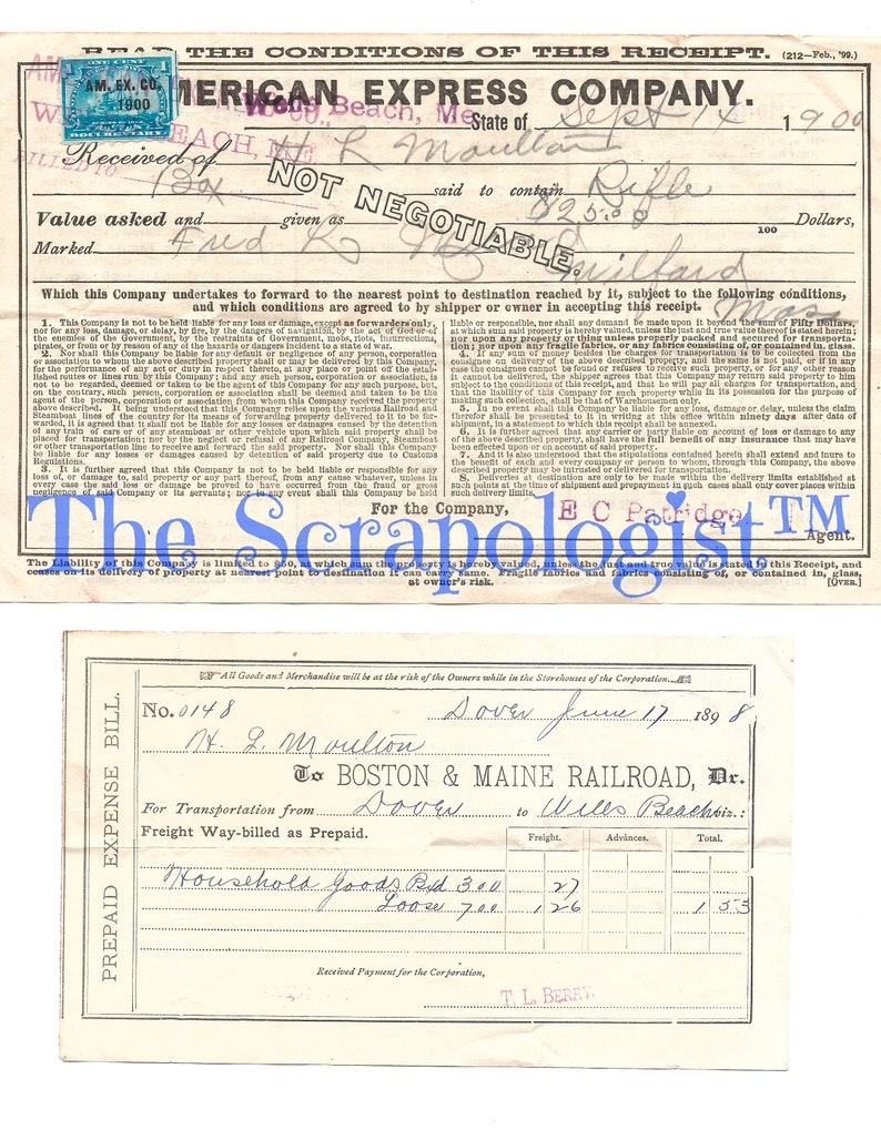 K&ouml;nnte beinhalten: Ein alter Beleg der American Express Company aus dem Jahr 1898 f&uuml;r Haushaltswaren, die von Dover, New Hampshire, nach Boston, Massachusetts, mit der Boston & Maine Railroad verschickt wurden. Der Beleg ist datiert auf den 17. Juni 1898 und listet die Gesamtkosten der Sendung mit 1,53 $ auf.