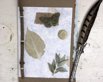 Botanical Art Journal with Handmade Paper Cover, Variety of Mixed Media Pages, Hand Sewn Binding with Stick Inserted