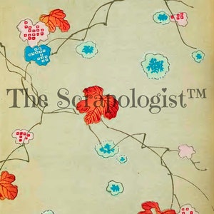 May include: A vintage floral design with red, orange, and blue flowers on a light green background. The design features a vine with leaves and flowers. The text "The Scrapologist&trade;" is printed in black at the bottom of the image.