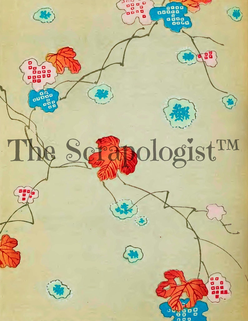 May include: A vintage floral design with red, orange, and blue flowers on a light green background. The design features a vine with leaves and flowers. The text "The Scrapologist&trade;" is printed in black at the bottom of the image.